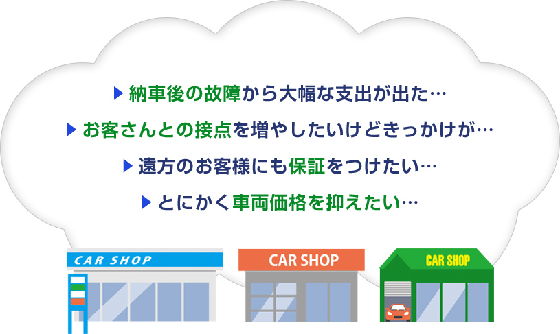 ▶納車後の故障から大幅な支出が出た…▶お客さんとの接点を増やしたいけどきっかけが…▶遠方のお客様にも保証をつけたい…▶とにかく車両価格を抑えたい…